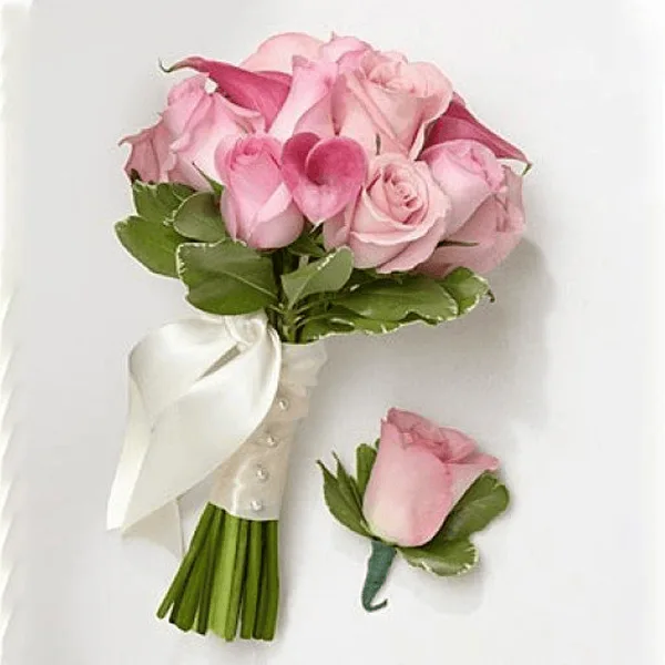 Pink Bridesmaid Bouquet & Groomsman Boutonniere Package