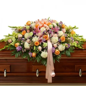 orange pink casket flowers